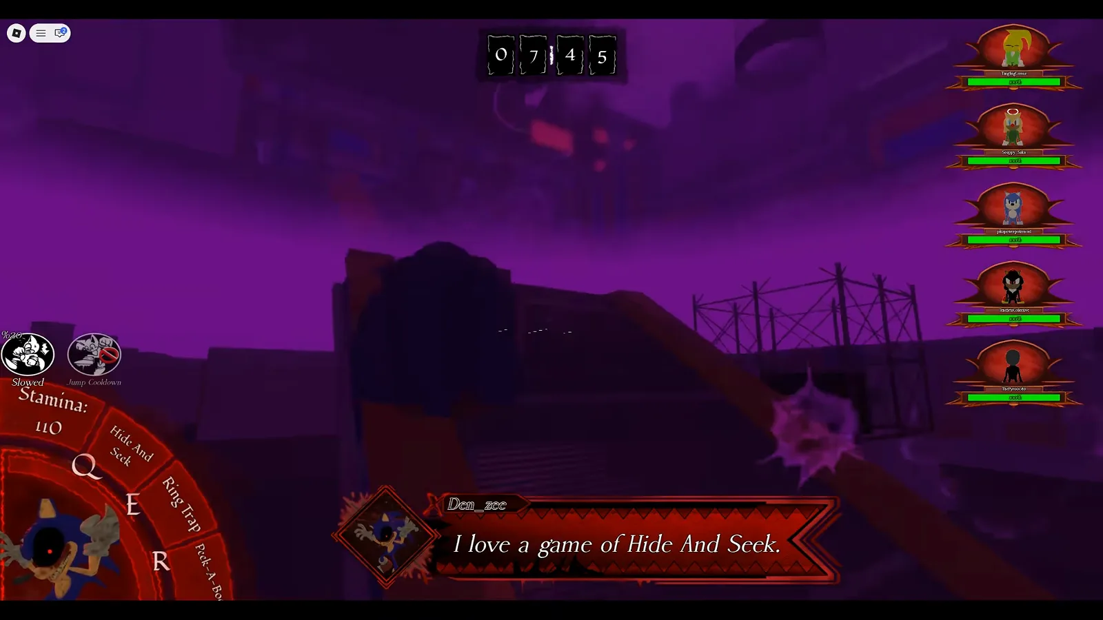 2011X stalking a Survivor in Abyssal Escape with the red dialogue prompt I love a game of Hide And Seek
