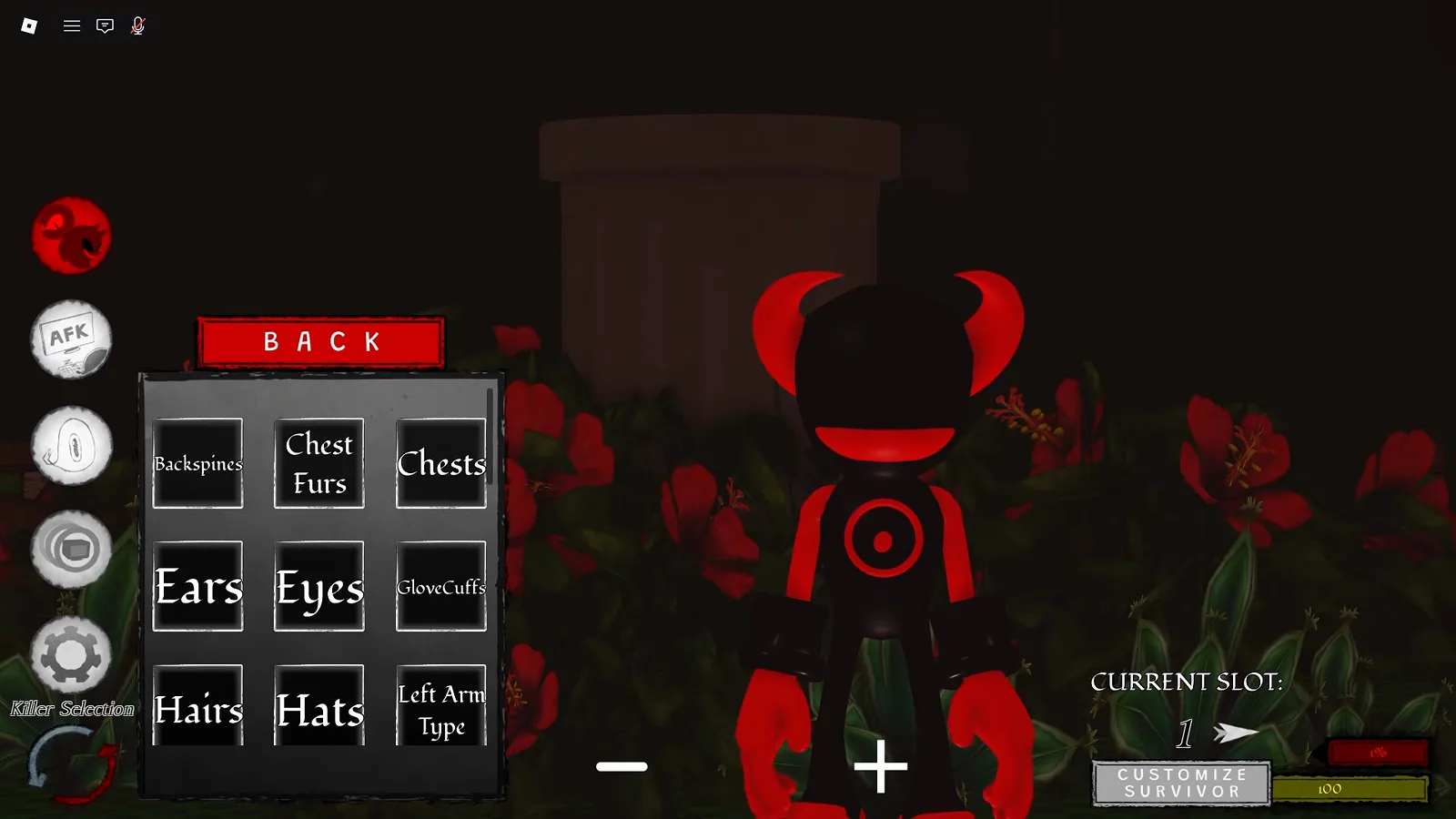 Sección Accessories en Abyssal Escape con Backspines, Chest Furs, Chests, Ears, Eyes, GloveCuffs, Hairs, Hats y Left Arm Type, junto a un Vessel rojo y negro