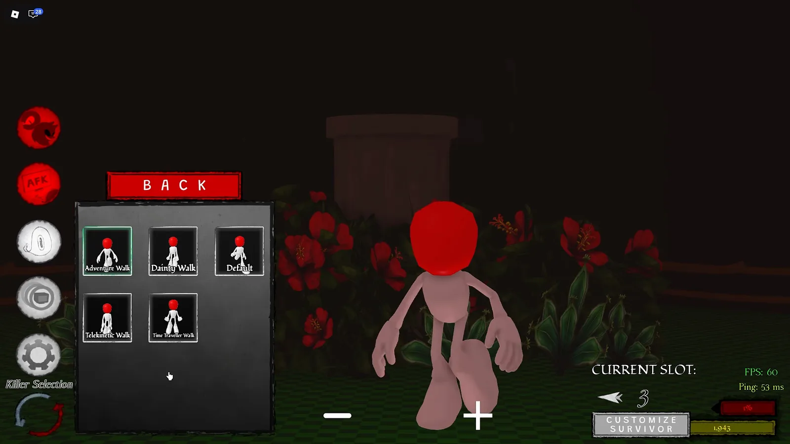 Sección Animations en Abyssal Escape con Adventure Walk, Dainty Walk, Default, Telekinetic Walk y Time Traveller Walk