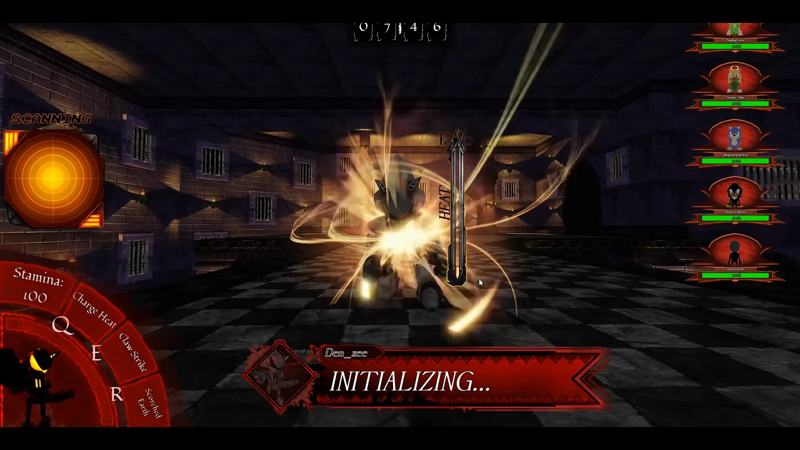 Abyssal Escape 中 Furnace，垂直 HEAT 計量 12%，左上 SCANNING 雷達，左下技能輪