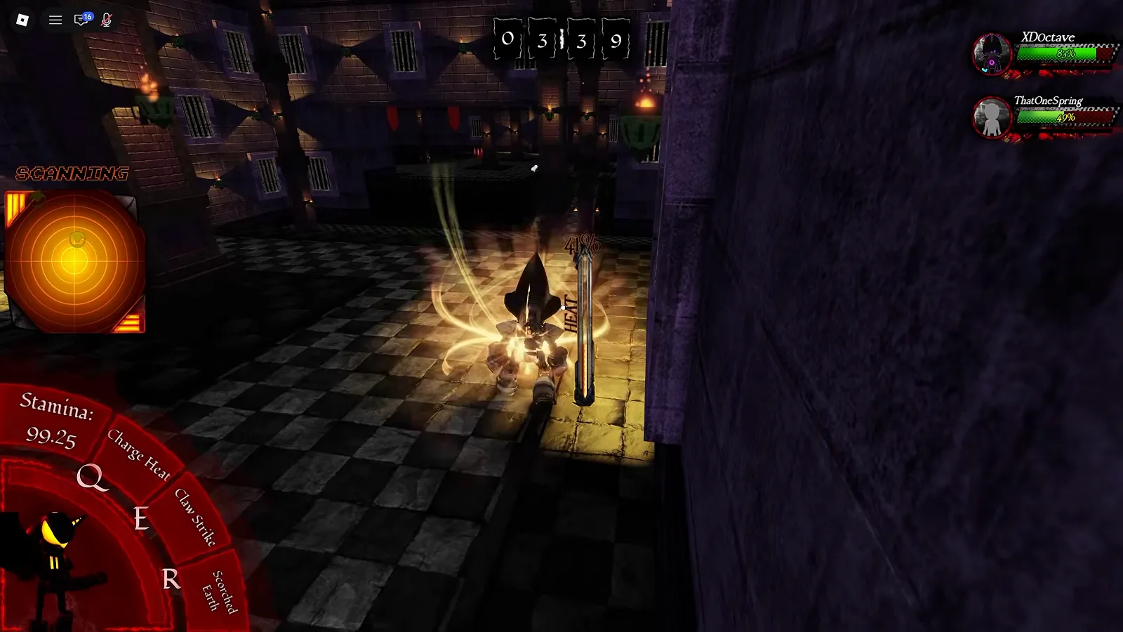 HUD de un asesino en Abyssal Escape con el contador de resistencia sobre la rueda de habilidades Q, E y R
